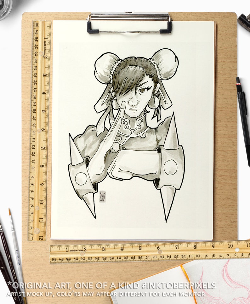 Inktober Original Art Day 15 Chun Li Street Fighter 2 #InktoberPixels Pen and Ink Drawing on Bristol Board