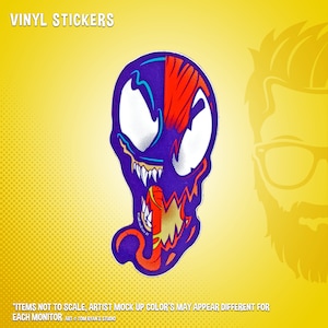 May include: A vinyl sticker featuring a cartoon illustration of Venom and Carnage, two Marvel comic book characters, with their heads merged together. The sticker is purple, red, and white.