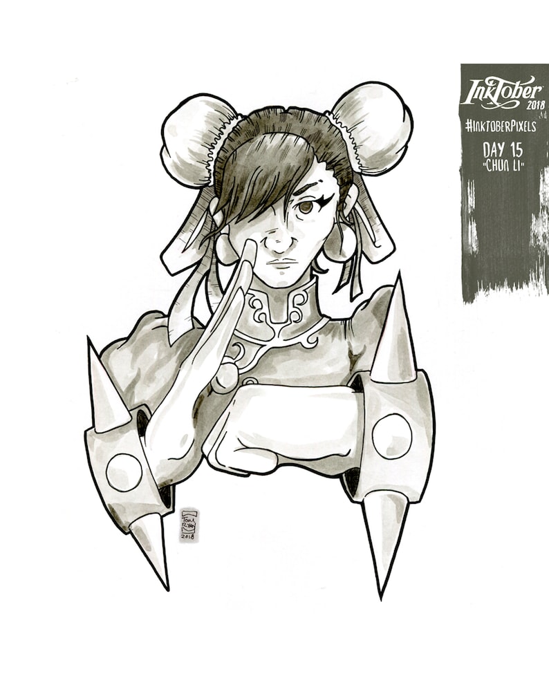 Inktober Original Art Day 15 Chun Li Street Fighter 2 #InktoberPixels Pen and Ink Drawing on Bristol Board