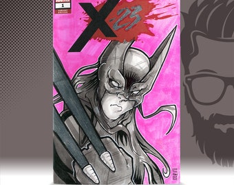 x 23 / Silver leaf embellished Wolverine / Sketch Cover / Variant Cover / Hand Painted Comic Book / Hand Drawn / Original Art / Markers