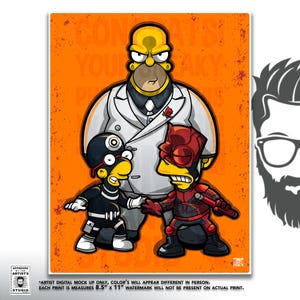 May include: A print featuring cartoon characters in superhero costumes, set against an orange background. The central figure, Homer Simpson, is in a white suit. Two other characters are in black and red superhero outfits. The print measures 8.5" x 11".