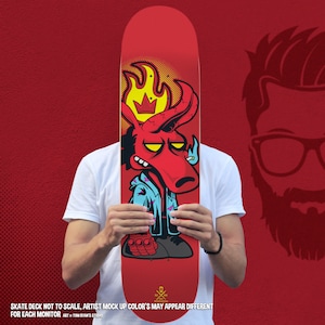May include: A red skateboard deck with a cartoon illustration of a red demon with horns, a crown, and a cigarette. The demon is wearing a blue and pink shirt and has a fist clenched. The background is red with a yellow flame.