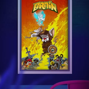 May include: Framed art print featuring the cartoon characters Brain and Pinky, set against a fiery orange background. The print measures 11 x 17 inches and includes the text "Brain".
