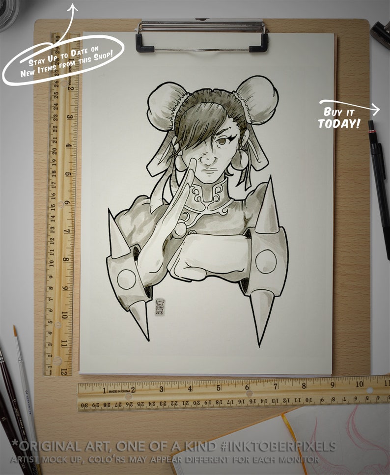 Inktober Original Art Day 15 Chun Li Street Fighter 2  #InktoberPixels Pen and Ink Drawing on Bristol Board