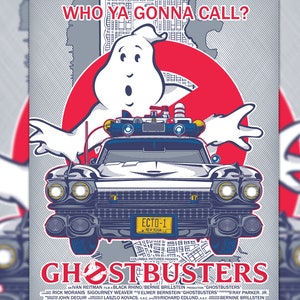 May include: A vintage movie poster for the film "Ghostbusters" featuring a cartoon ghost in a red circle, a black and white illustration of the Ghostbusters car, and the text "Who ya gonna call?" in red and white letters.