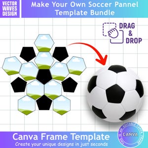 May include: A digital template bundle titled Make Your Own Soccer Pannel Template Bundle featuring a grid of hexagonal frames and solid black pentagons. A red arrow points to a completed black and white soccer ball. Includes Canva Frame text.