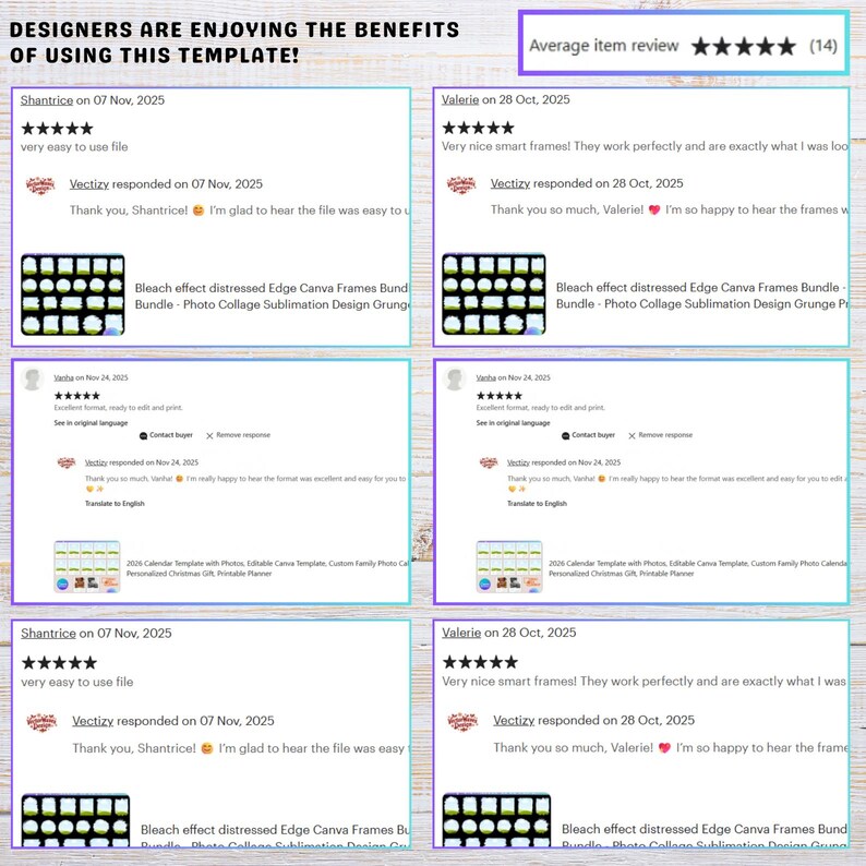 May include: A digital display showing customer reviews for a design template. The text reads: DESIGNERS ARE ENJOYING THE BENEFITS OF USING THIS TEMPLATE! Average item review 5 stars (14). It includes multiple feedback entries with five-star ratings.