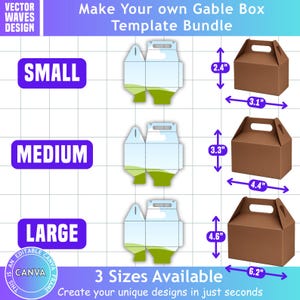 May include: A digital template bundle for gable boxes featuring three sizes: small, medium, and large. The small box measures 2.4 inches by 3.1 inches, the medium is 3.3 inches by 4.4 inches, and the large is 4.6 inches by 6.2 inches.