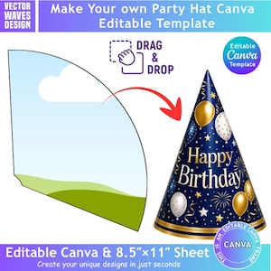 Party Hat Canva Drag and Drop Template, Editable Canva Party Hat Design, Printable Birthday Hat SVG PNG, DIY Kids Party Decoration Template