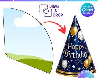 Party Hat Canva Drag and Drop Template, Editable Canva Party Hat Design, Printable Birthday Hat SVG PNG, DIY Kids Party Decoration Template