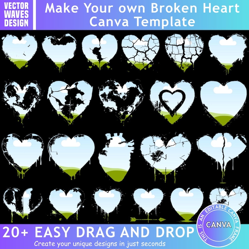 May include: A collection of heart-shaped designs with various textures and patterns, set against a black background. The designs include cracked, textured, and filled-in hearts, with a landscape scene inside. Text includes "Make Your own Broken Heart Canva Template".