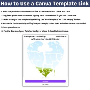May include: A guide titled "How to Use a Canva Template Link" with numbered steps. The image includes a Canva template preview with a heart-shaped design in blue, green, and white, and buttons labeled "Edit template" and "View template."