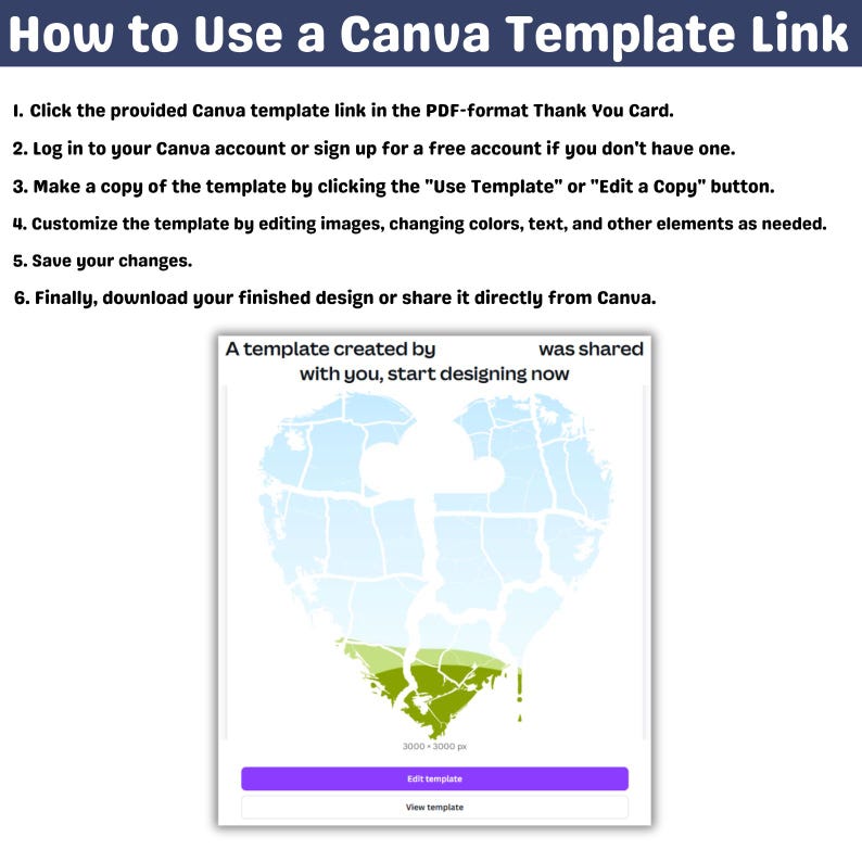 May include: A guide titled "How to Use a Canva Template Link" with numbered steps. The image includes a Canva template preview with a heart-shaped design in blue, green, and white, and buttons labeled "Edit template" and "View template."