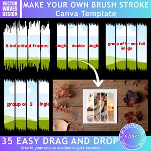 Può includere: Un modello digitale Canva con cornici a pennellata per layout fotografici. Il design include etichette di testo come 4 individual frames, single, double e group of 4. Mostra una foto quadrata di esempio con un ritratto di famiglia in strisce.