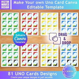 Puede incluir: Un diseño digital con 81 diseños de cartas de Uno. La imagen muestra cartas en verde, rojo, amarillo y azul, con el texto "Make Your own Uno Card Canva Editable Template". Incluye instrucciones de "Arrastrar y soltar".