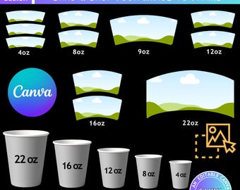 Paper Cup Wrapper Template Bundle, Paper Cup Blank Coffee Cup Wrapper, Paper Cup Template Svg Png, Canva Editable, 4oz- 8oz- 9oz- 12oz