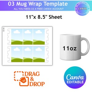 Pu&ograve; includere: Una tazza bianca con "11oz" stampato sopra, accanto a un modello per involucri di tazze. Il modello &egrave; progettato per un foglio di 27.94cm x 21.59cm e presenta un design "Drag & Drop". L'immagine include anche il marchio Canva.