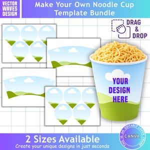 May include: A digital template bundle for a noodle cup featuring a landscape design with blue skies, white clouds, and green hills. The set includes various cutouts and a mock-up of a cup filled with noodles, displaying the text YOUR DESIGN HERE.