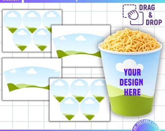 Noodle Cup Template, Ramen Cup Wrapper and Lid Template, Canva Template, Printable Party Favor, Drag and Drop, Small, Medium And Large