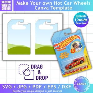 Puede incluir: Una plantilla de Canva para el embalaje de coches Hot Wheels. El diseño incluye una plantilla para el embalaje, un coche Hot Wheels en su embalaje original e instrucciones para arrastrar y soltar. La plantilla de embalaje tiene un diseño de cielo y hierba.