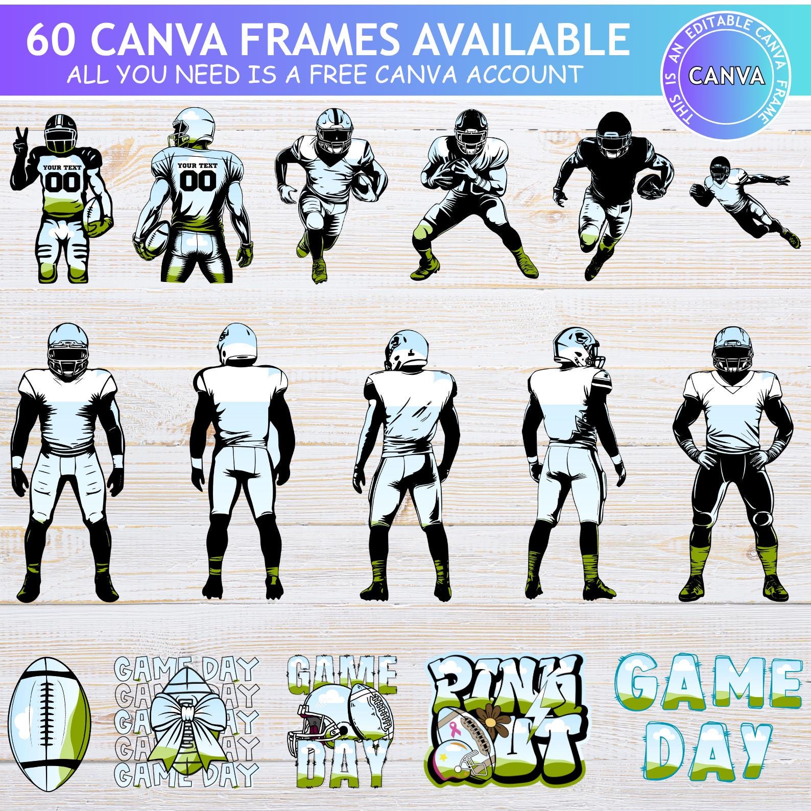 American Football Frame Computer American Football Editable Canva Frames Bundle, Custom Football Player ...
