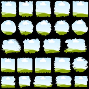 May include: A collection of twenty-five digital graphic elements featuring a landscape scene with a light blue sky, a single white cloud, and rolling green hills. Each element is framed by various brushstroke borders in square and circular shapes.