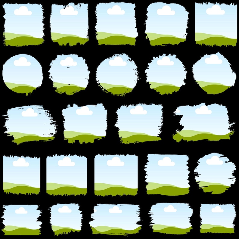 May include: A collection of twenty-five digital graphic elements featuring a landscape scene with a light blue sky, a single white cloud, and rolling green hills. Each element is framed by various brushstroke borders in square and circular shapes.