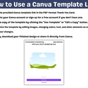 May include: An instructional graphic titled How to Use a Canva Template Link with six numbered steps for accessing, editing, and saving designs. Below the text is a visual representation of a template interface with an Edit template button.
