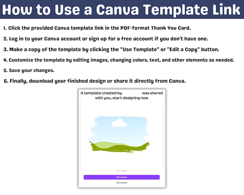 May include: An instructional graphic titled How to Use a Canva Template Link with six numbered steps for accessing, editing, and saving designs. Below the text is a visual representation of a template interface with an Edit template button.