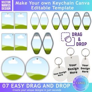 Op de afbeelding: Een digitaal sjabloon voor het maken van sleutelhangers. Het ontwerp bevat verschillende sleutelhanger vormen, waaronder rechthoekige, ovale en cirkelvormige, met een landschapsontwerp. De tekst luidt "Make Your own Keychain Canva Editable Template" en "Drag & Drop".