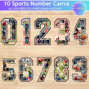 May include: A collage of sports-themed numbers 0-9, each filled with baseball action photos. The numbers are outlined in black and green, with the text "10 Sports Number Canva" and "ALL YOU NEED IS A FREE CANVA ACCOUNT" at the top.