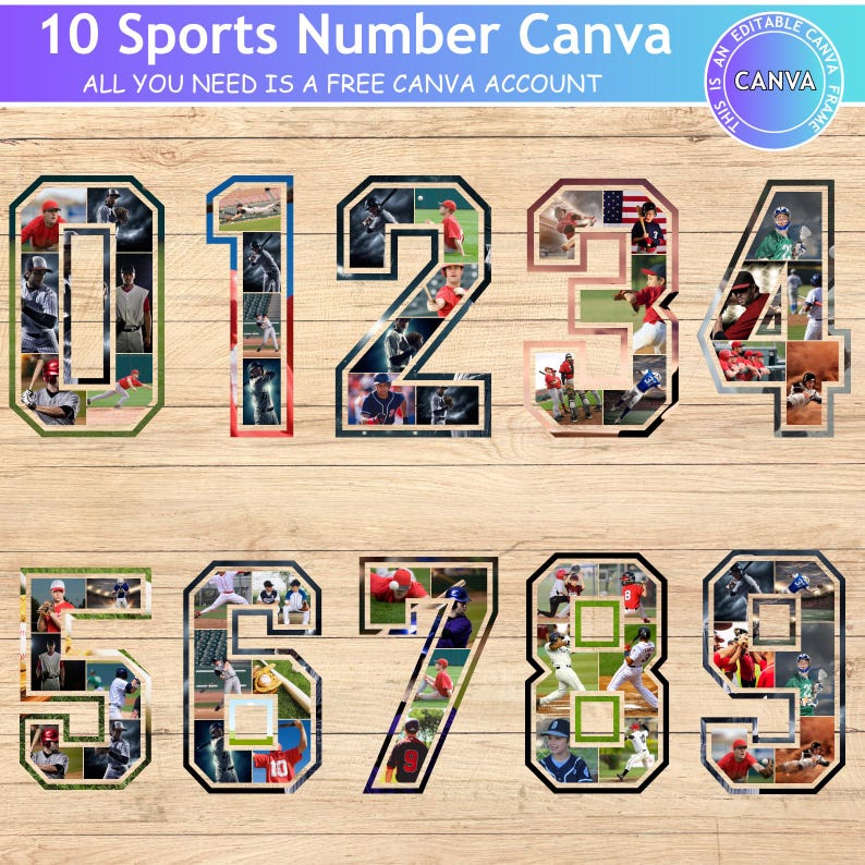 May include: A collage of sports-themed numbers 0-9, each filled with baseball action photos. The numbers are outlined in black and green, with the text "10 Sports Number Canva" and "ALL YOU NEED IS A FREE CANVA ACCOUNT" at the top.