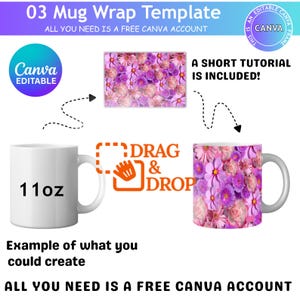 Pu&ograve; includere: Una tazza bianca da 312 g con un modello di design floreale. L'immagine mostra una tazza vuota e una tazza con un motivo floreale viola e rosa. Il testo include "03 Mug Wrap Template" e "Drag & Drop".
