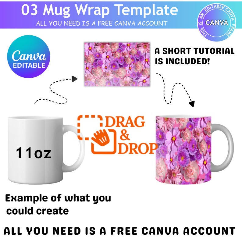 Pu&ograve; includere: Una tazza bianca da 312 g con un modello di design floreale. L'immagine mostra una tazza vuota e una tazza con un motivo floreale viola e rosa. Il testo include "03 Mug Wrap Template" e "Drag & Drop".
