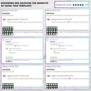 May include: A collection of customer reviews for a design template, presented in white boxes with black text. The reviews feature star ratings and comments. The text at the top reads, "DESIGNERS ARE ENJOYING THE BENEFITS OF USING THIS TEMPLATE!"