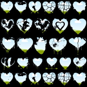 May include: A collection of stylized heart illustrations on a black background. Each heart features a unique design, with variations including cracks, internal landscapes, and abstract patterns. The hearts are filled with blue skies and green landscapes.