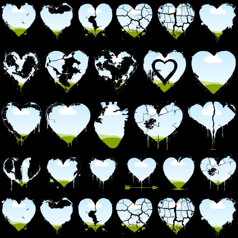 May include: A collection of stylized heart illustrations on a black background. Each heart features a unique design, with variations including cracks, internal landscapes, and abstract patterns. The hearts are filled with blue skies and green landscapes.
