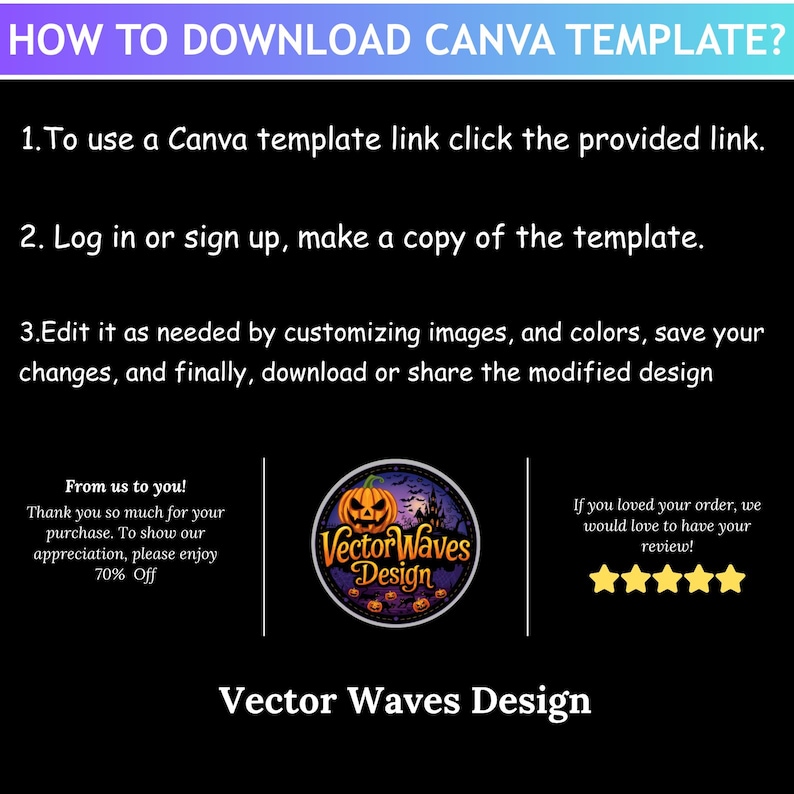 May include: Black graphic with instructions on how to download a Canva template. The text includes steps to use a link, make a copy, edit, and download. A logo with a pumpkin and the text "Vector Waves Design" is also present.
