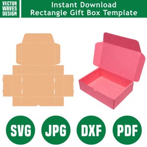 May include: A digital rectangle gift box template featuring a flat peach-colored die-cut layout on the left and a three-dimensional pink assembled box on the right. The text reads Vector Waves Design, Instant Download, Rectangle Gift Box Template, SVG, JPG, DXF, PDF.