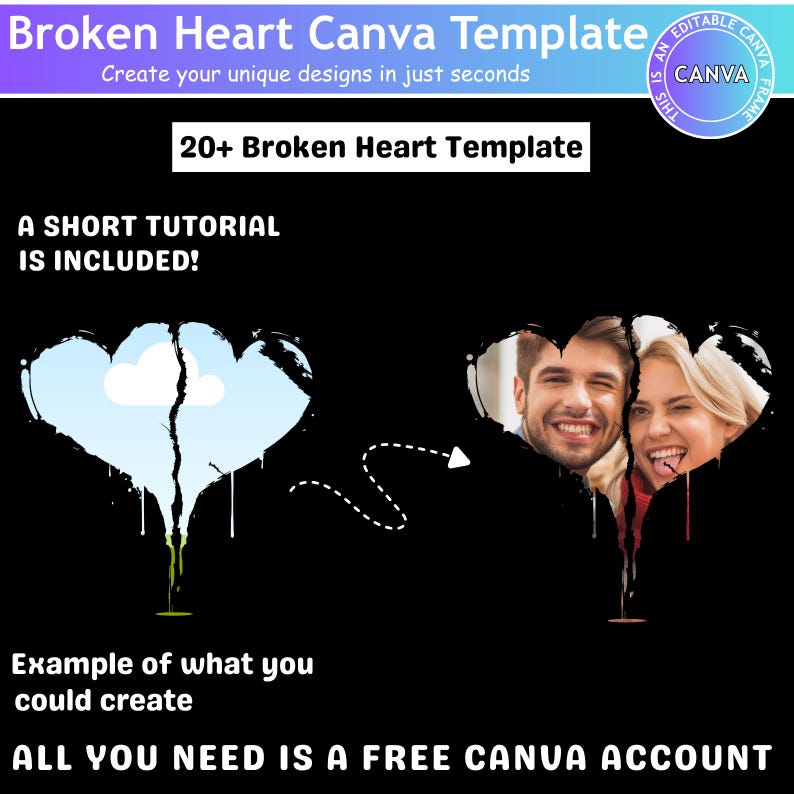 May include: A graphic with the text "Broken Heart Canva Template" and "20+ Broken Heart Template". The image shows a broken heart design with a photo of a smiling couple. The text "A short tutorial is included!" is also present.
