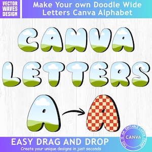 Può includere: Un set di alfabeto digitale con lettere doodle larghe e arrotondate con un riempimento di cielo e paesaggio verde. La grafica mostra il testo CANVA LETTERS, un esempio della lettera A e una versione a scacchi rossi con una freccia.