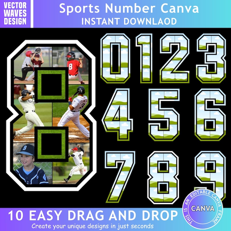 May include: A digital design set featuring sports-themed numbers 0-9, each with a white outline and a green and blue landscape fill. The design includes a large number 8 with baseball action photos. Text includes "Sports Number Canva" and "10 Easy Drag and Drop".