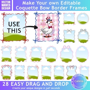 Op de afbeelding: Een verzameling van 28 bewerkbare Canva-frames met strikranden. De frames hebben een lucht- en grasontwerp, met verschillende strik- en lintaccenten. De afbeelding bevat de tekst "Make Your own Editable Coquette Bow Border Frames" en "28 Easy Drag and Drop".
