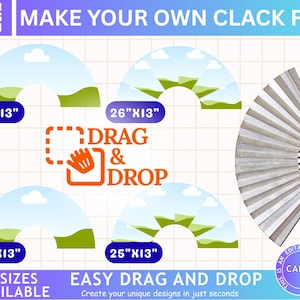 Puede incluir: Una plantilla de diseño para un abanico clack, con un abanico parcialmente abierto y elementos de diseño. La imagen incluye el texto "MAKE YOUR OWN CLACK FAN", "DRAG & DROP" y "EASY DRAG AND DROP". Dos tamaños disponibles: 66cm x 33cm y 64cm x 33cm.