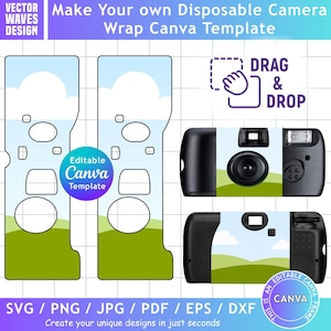 May include: A graphic design featuring a disposable camera wrap template with a blue sky and green landscape design. The design includes the text "Make Your Own Disposable Camera Wrap Canva Template" and "Drag & Drop". The template is editable in Canva.