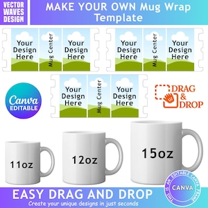 Pu&ograve; includere: Tazze bianche da 11oz, 12oz e 15oz sono esposte, insieme a modelli di involucri per tazze. I modelli presentano un design cielo e paesaggio con la scritta "Your Design Here". L'immagine include le frasi "Make Your Own Mug Wrap Template" e "Easy Drag and Drop".