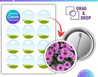 2.25 inch Button Pin Canva Editable Template, Pin Button Template, Sublimation Button Pin Template, Badge Circle Labels, Button Pin Blank