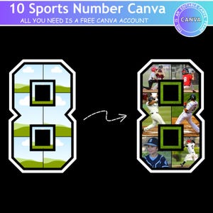May include: A graphic showing the number 8 in a sports theme. The left side has a landscape background, and the right side features baseball players. Text at the top reads "10 Sports Number Canva" and "ALL YOU NEED IS A FREE CANVA ACCOUNT."