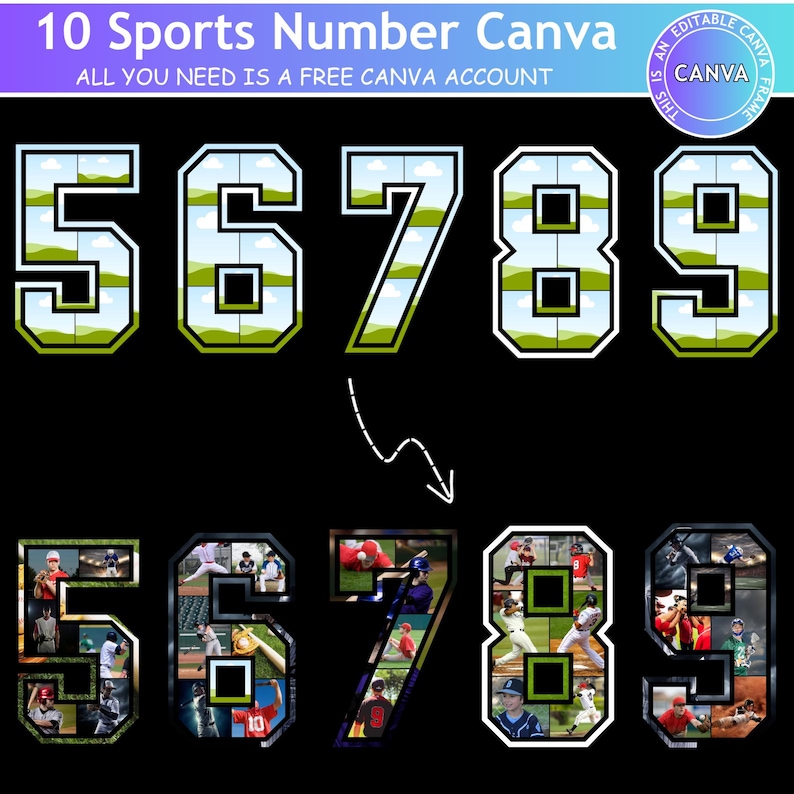 May include: A graphic featuring the numbers 5, 6, 7, 8, and 9 in a sports-themed design. The top row shows the numbers with a landscape background, while the bottom row displays the numbers with baseball player images. The text "10 Sports Number Canva" and "All you need is a free Canva account" are also present.