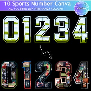 May include: A digital design featuring the numbers 0, 1, 2, 3, and 4 in a sports-themed style. The top row shows the numbers with a green and white outline, filled with a landscape scene. The bottom row shows the numbers filled with sports action photos. Text at the top reads "10 Sports Number Canva".